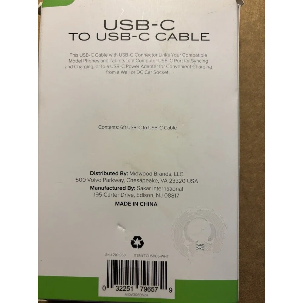 Techiva USB-C To ISB -C CABLE 6 Ft. Cable Fast Charge & Sync Android NEW (A3)